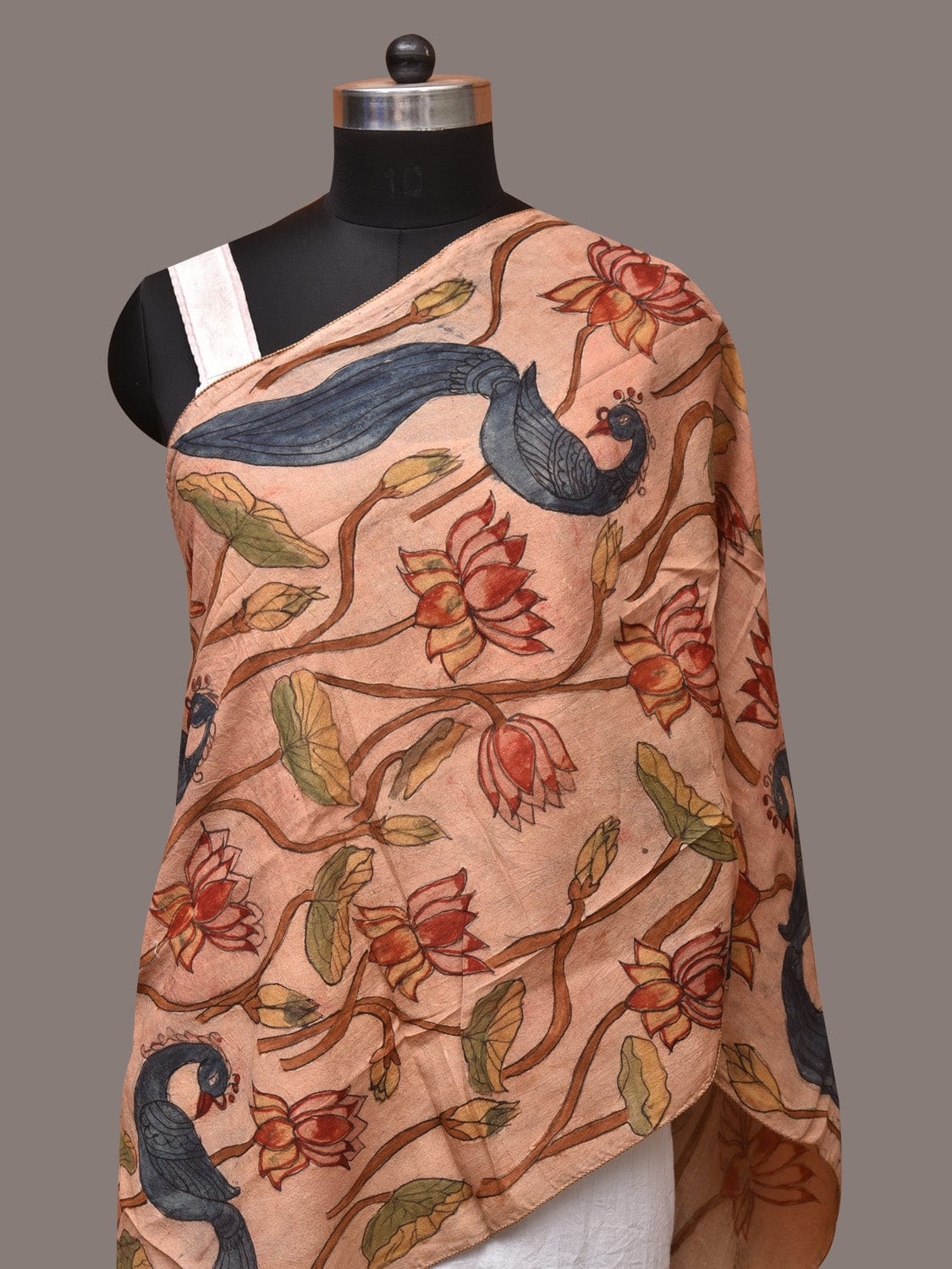 Cream Kalamkari Hand Painted Sico Stole with Lotus and Peacocks Design - Global Threads | Grocsy
