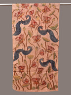 Cream Kalamkari Hand Painted Sico Stole with Lotus and Peacocks Design - Global Threads | Grocsy