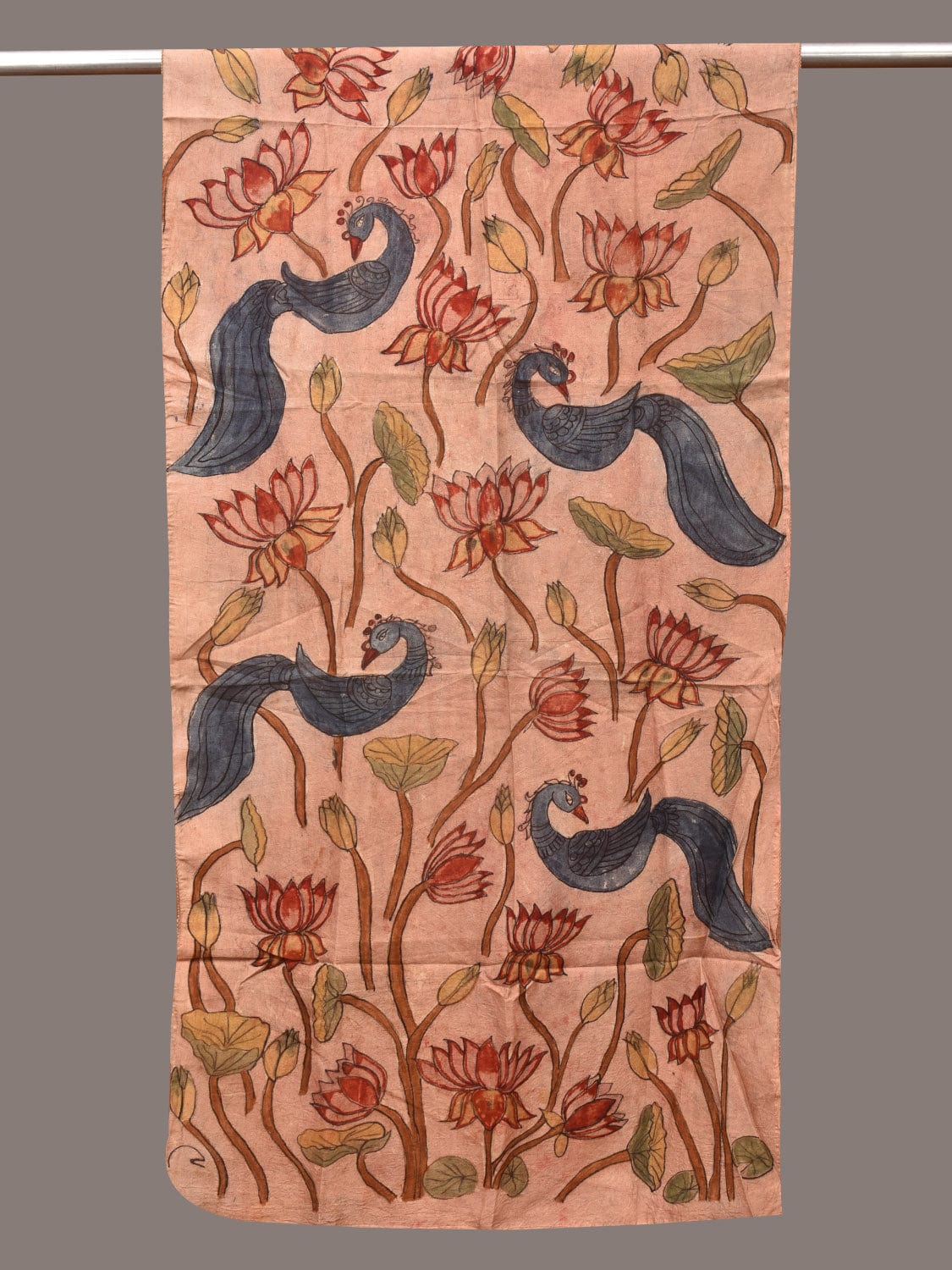 Cream Kalamkari Hand Painted Sico Stole with Lotus and Peacocks Design - Global Threads | Grocsy