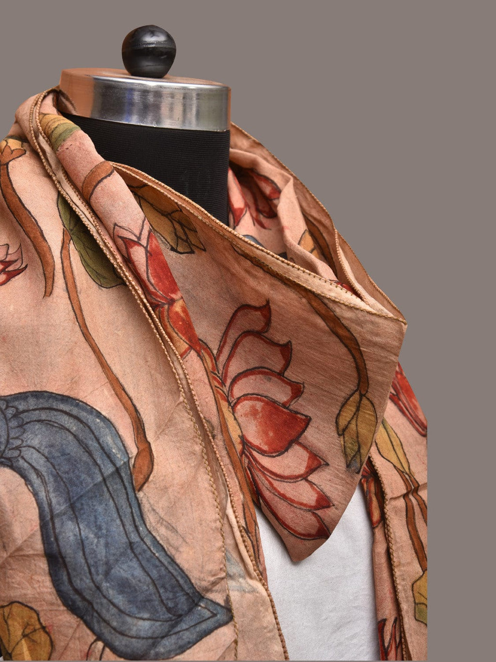 Cream Kalamkari Hand Painted Sico Stole with Lotus and Peacocks Design - Global Threads | Grocsy