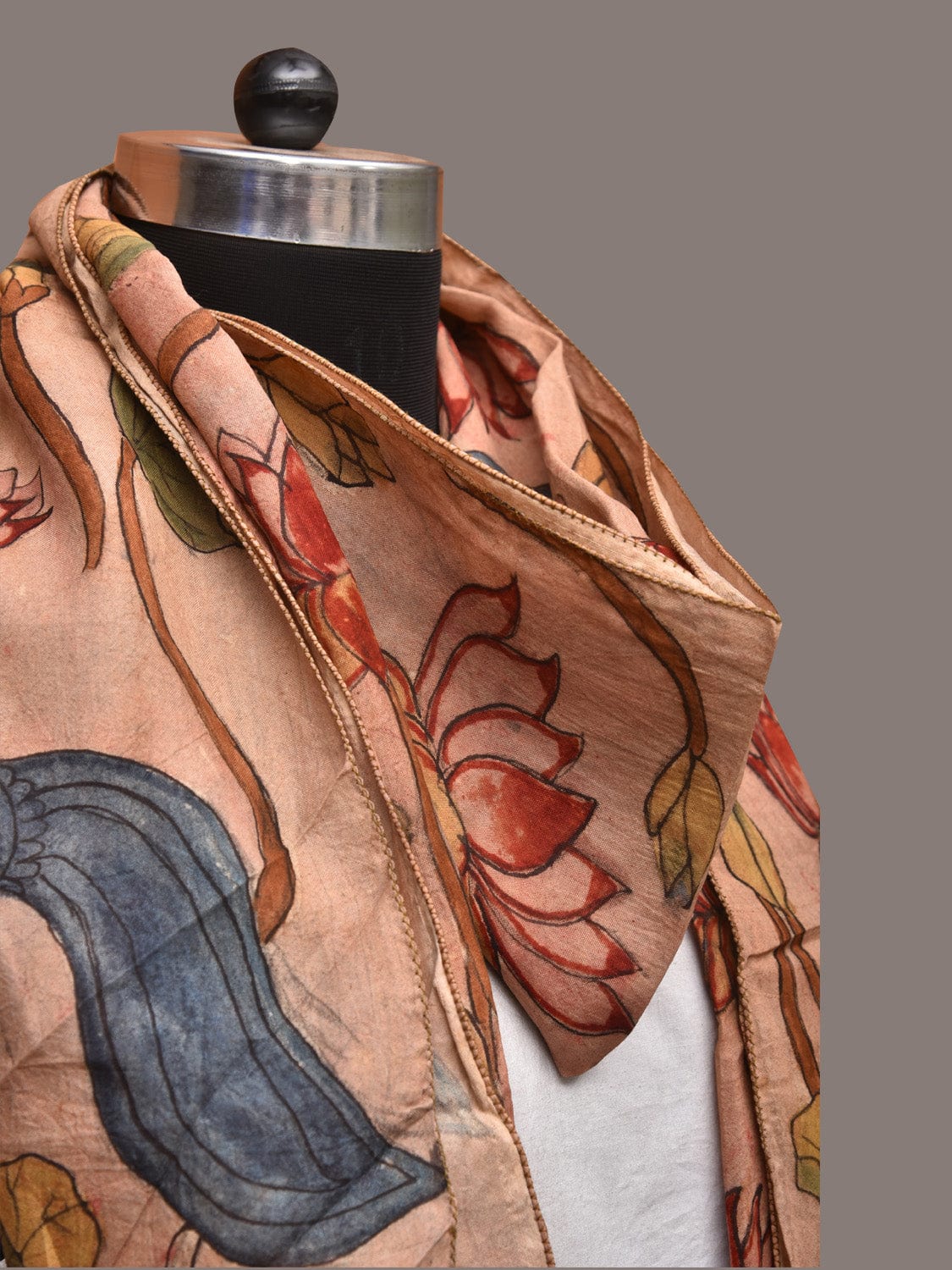 Cream Kalamkari Hand Painted Sico Stole with Lotus and Peacocks Design - Global Threads | Grocsy