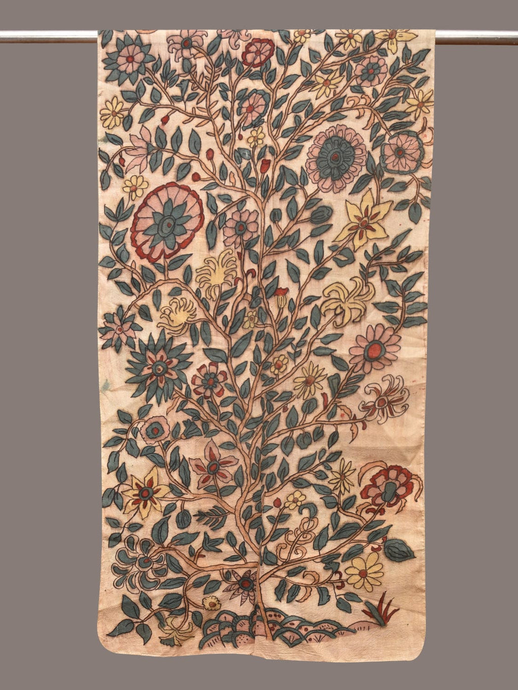 Cream Kalamkari Hand Painted Sico Stole with Tree of Life Design - Global Threads | Grocsy