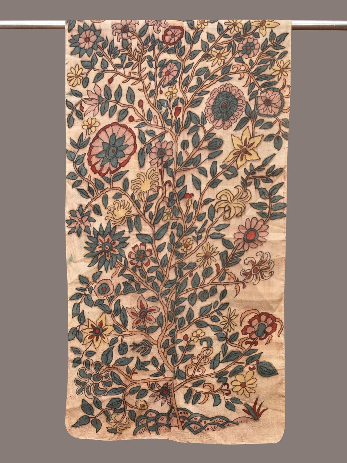 Cream Kalamkari Hand Painted Sico Stole with Tree of Life Design - Global Threads | Grocsy