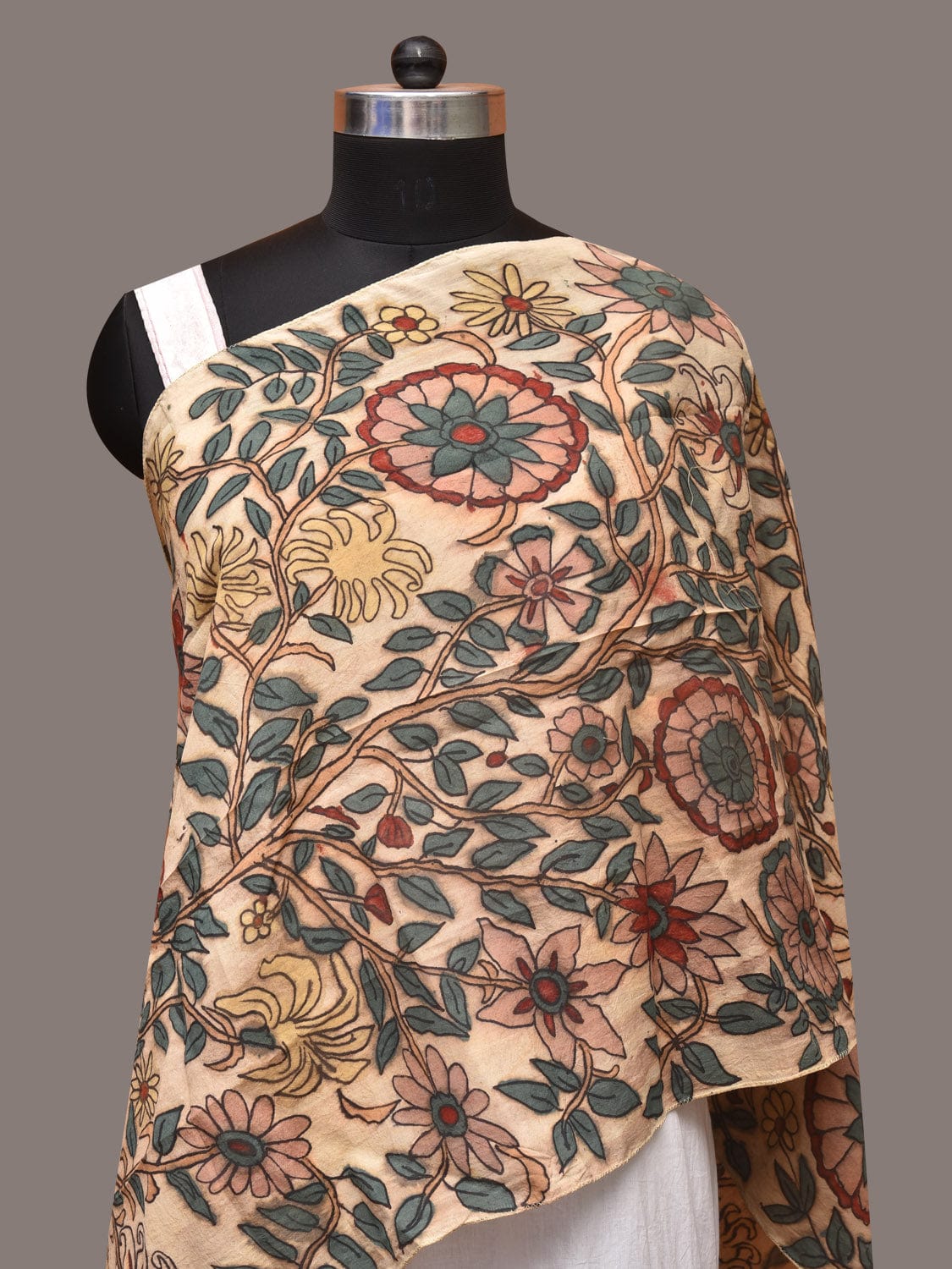 Cream Kalamkari Hand Painted Sico Stole with Tree of Life Design - Global Threads | Grocsy
