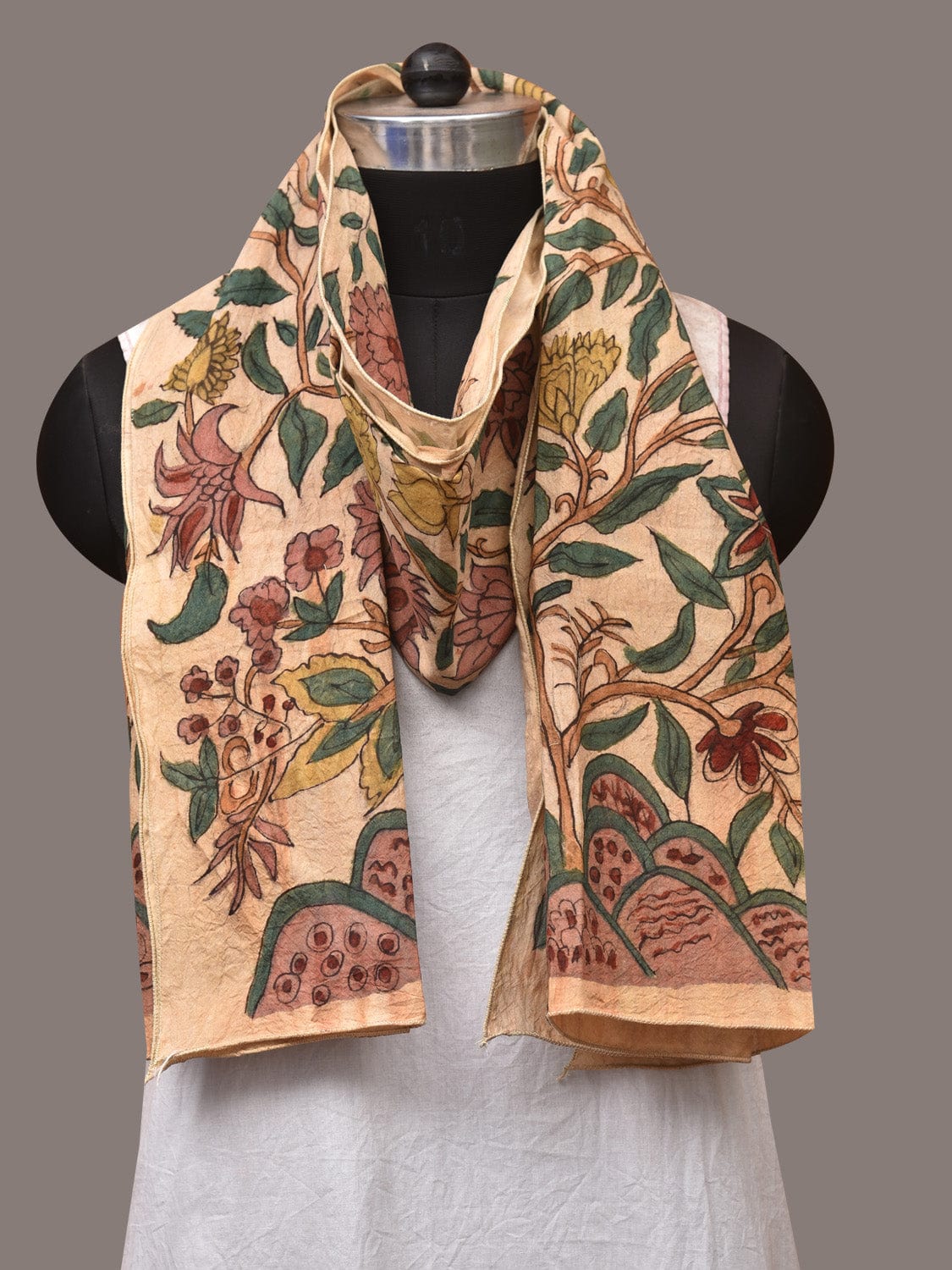 Cream Kalamkari Hand Painted Sico Stole with Tree of Life Design - Global Threads | Grocsy