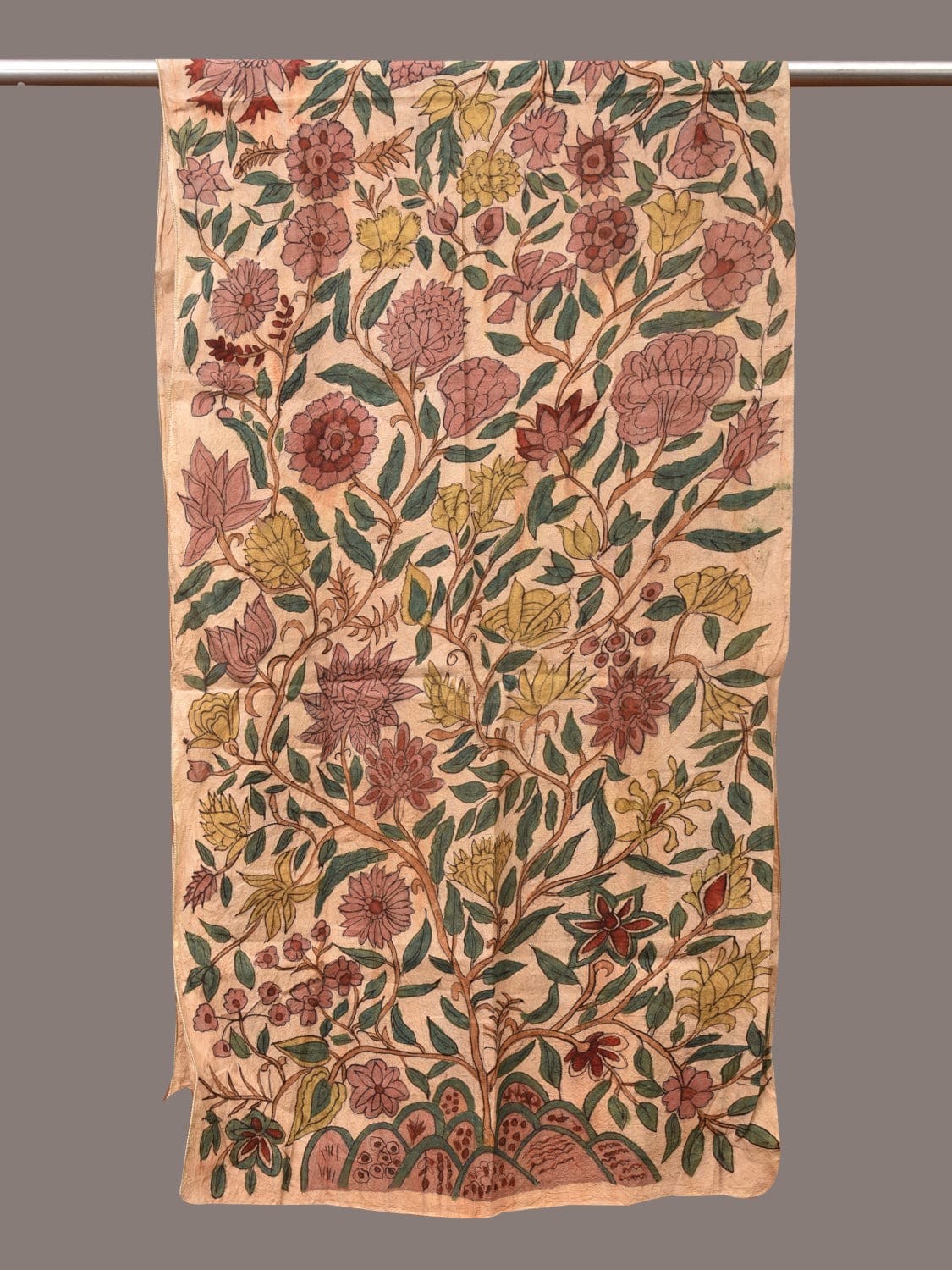 Cream Kalamkari Hand Painted Sico Stole with Tree of Life Design - Global Threads | Grocsy