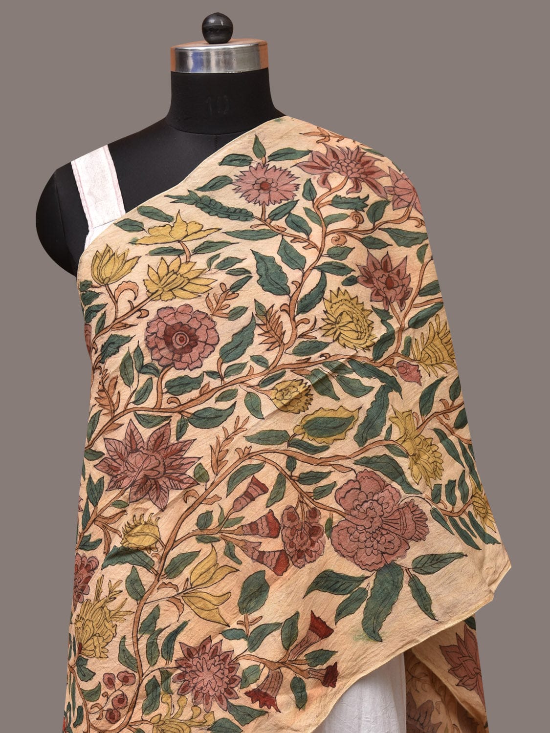 Cream Kalamkari Hand Painted Sico Stole with Tree of Life Design - Global Threads | Grocsy