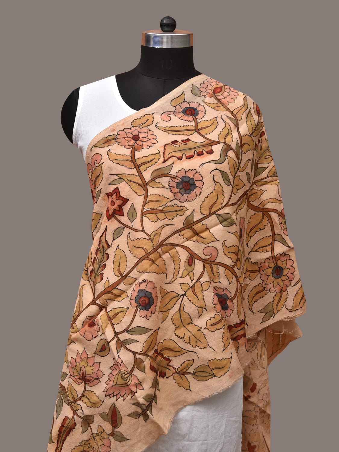 Cream Kalamkari Hand Painted Sico Stole with Tree of Life Design - Global Threads | Grocsy
