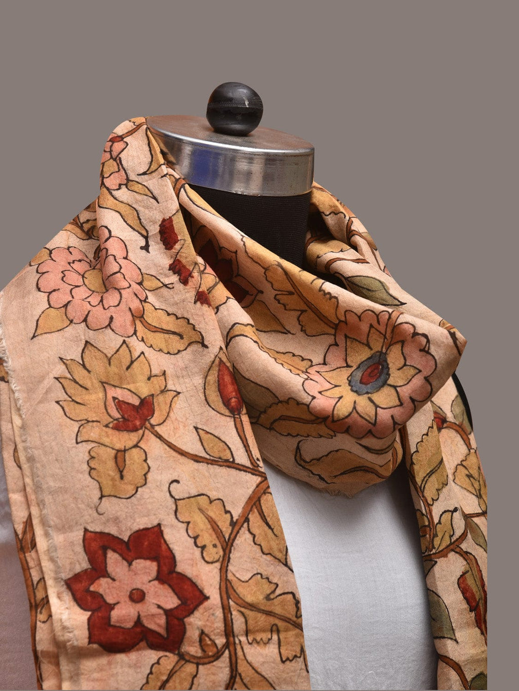 Cream Kalamkari Hand Painted Sico Stole with Tree of Life Design - Global Threads | Grocsy
