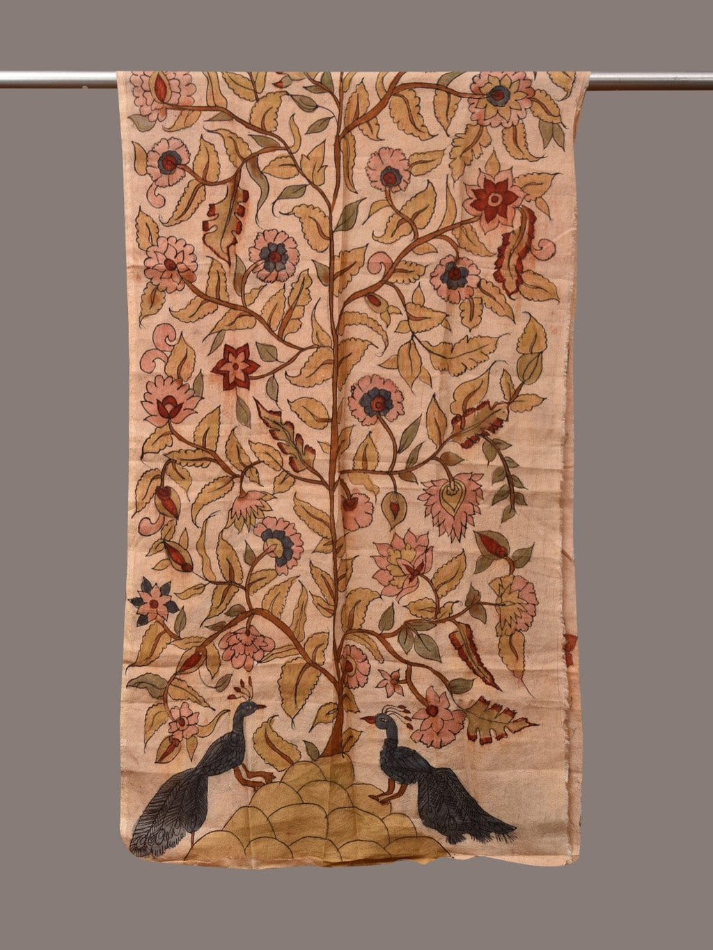 Cream Kalamkari Hand Painted Sico Stole with Tree of Life Design - Global Threads | Grocsy