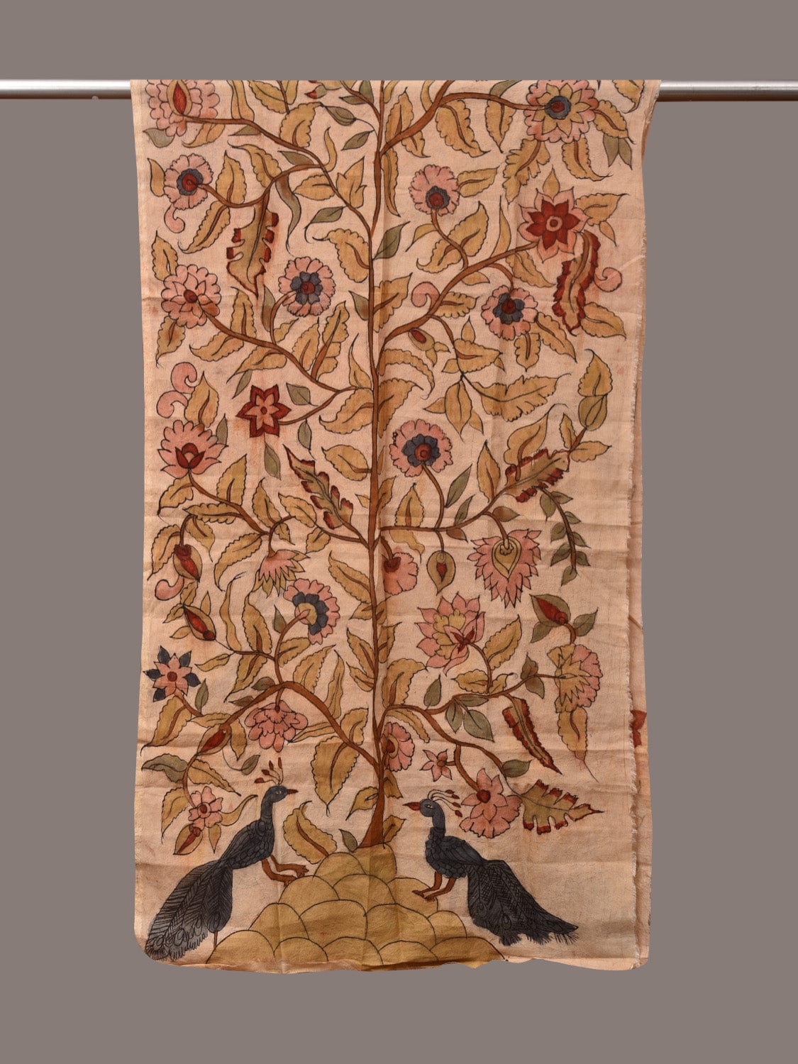 Cream Kalamkari Hand Painted Sico Stole with Tree of Life Design - Global Threads | Grocsy