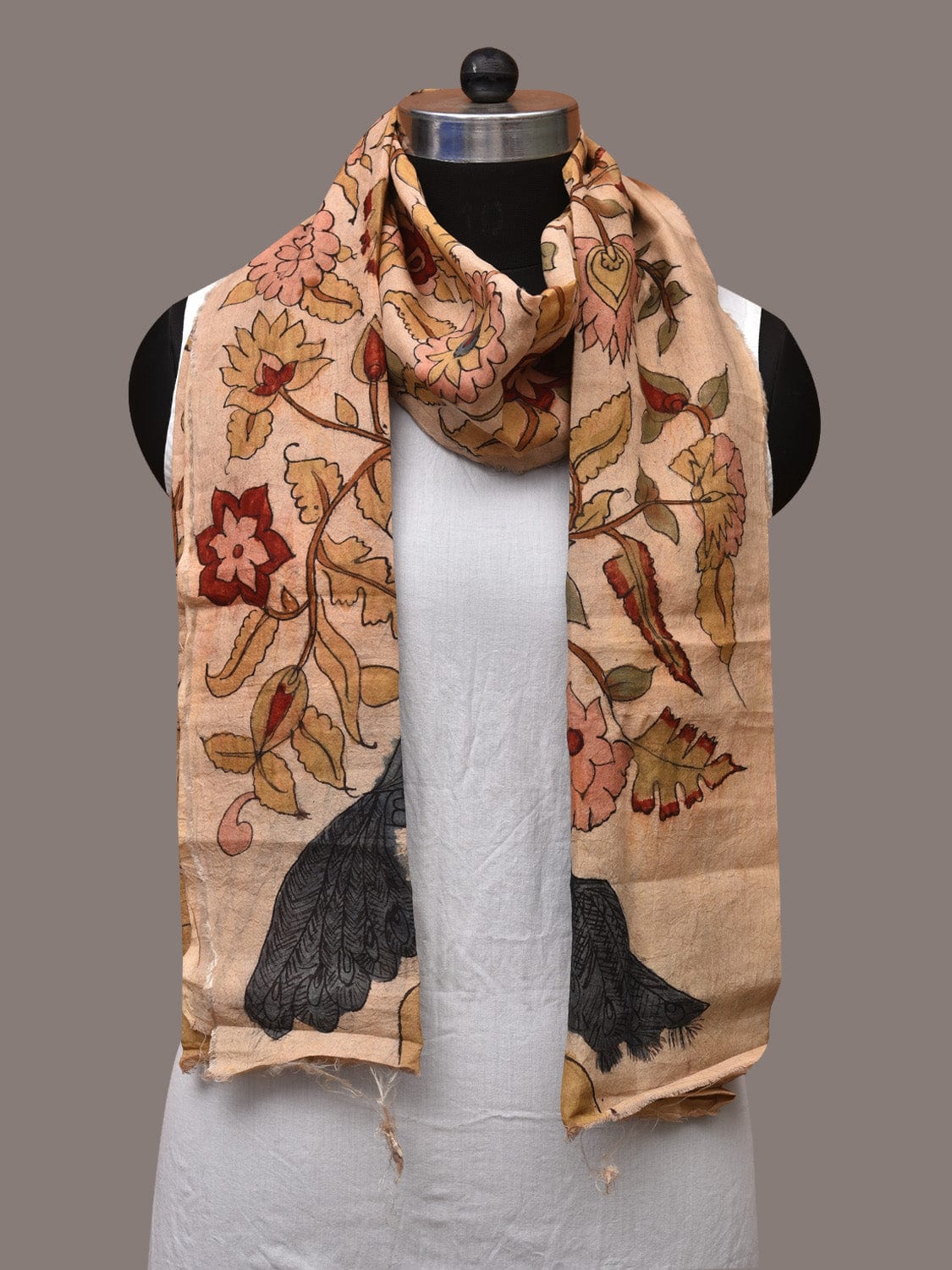 Cream Kalamkari Hand Painted Sico Stole with Tree of Life Design - Global Threads | Grocsy