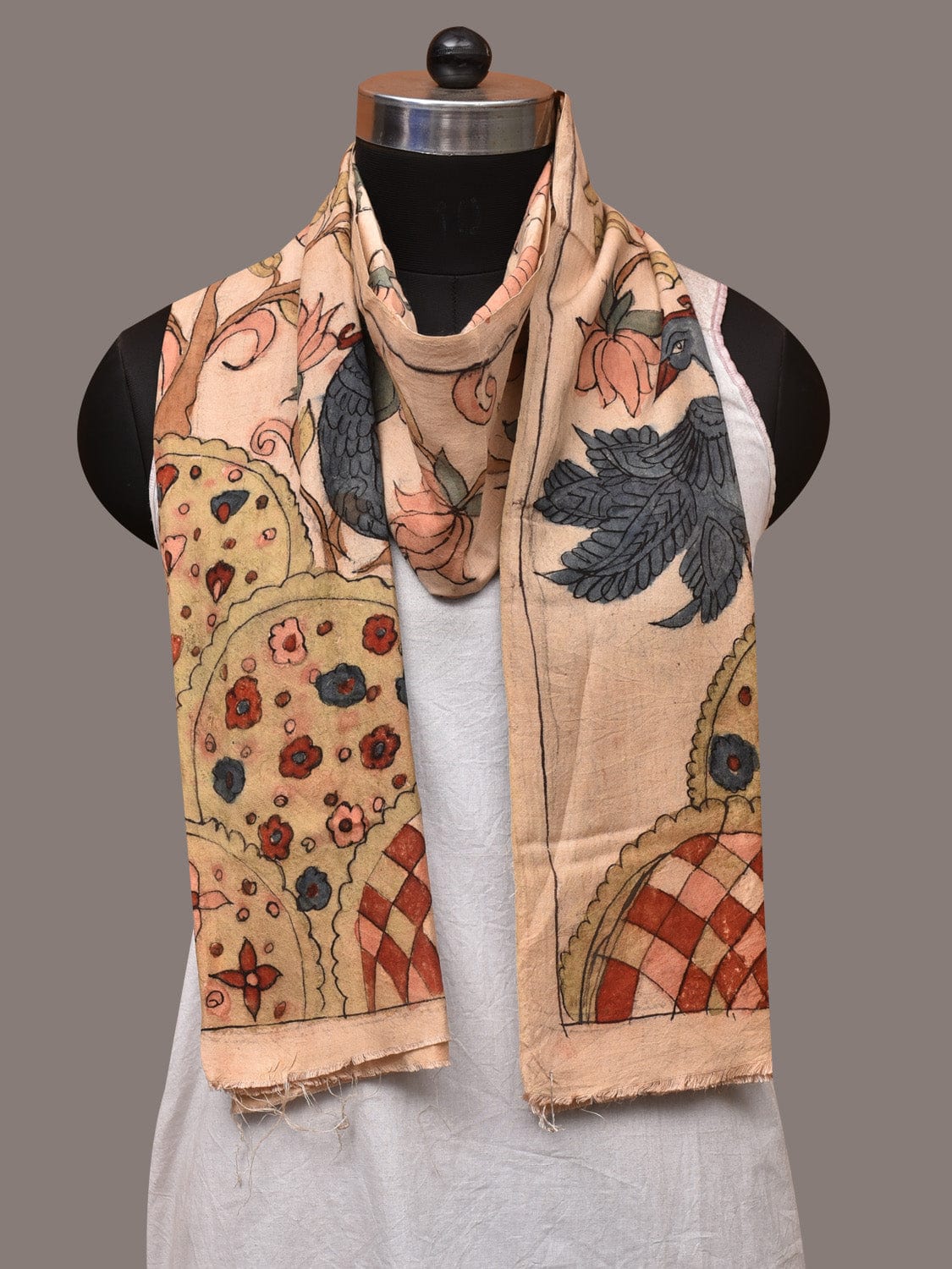 Cream Kalamkari Hand Painted Sico Stole with Tree of Life Design - Global Threads | Grocsy