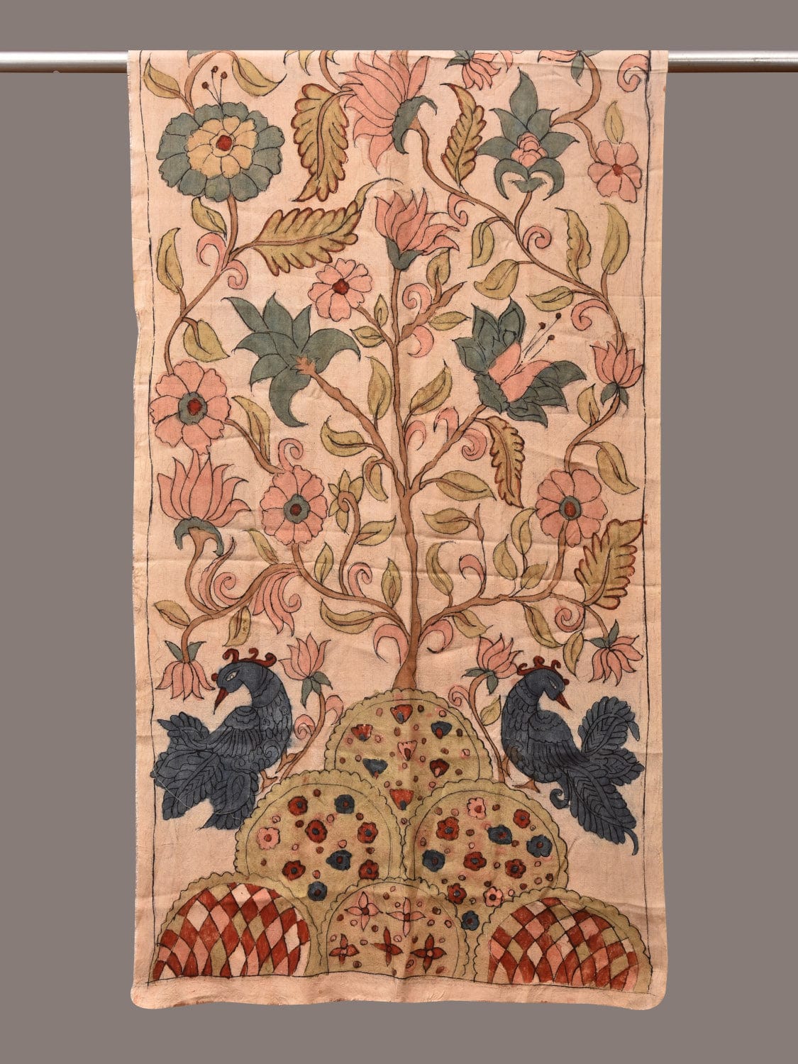 Cream Kalamkari Hand Painted Sico Stole with Tree of Life Design - Global Threads | Grocsy