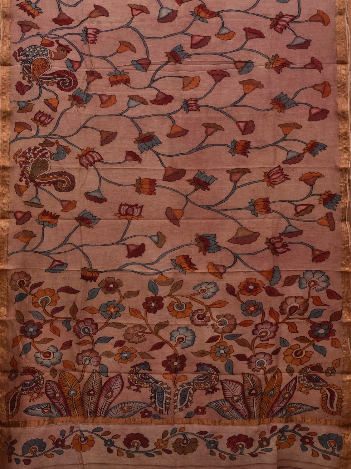 Cream Kalamkari Hand Painted Silk Muga Handloom Saree with Lotus and Birds Design - Global Threads | Grocsy