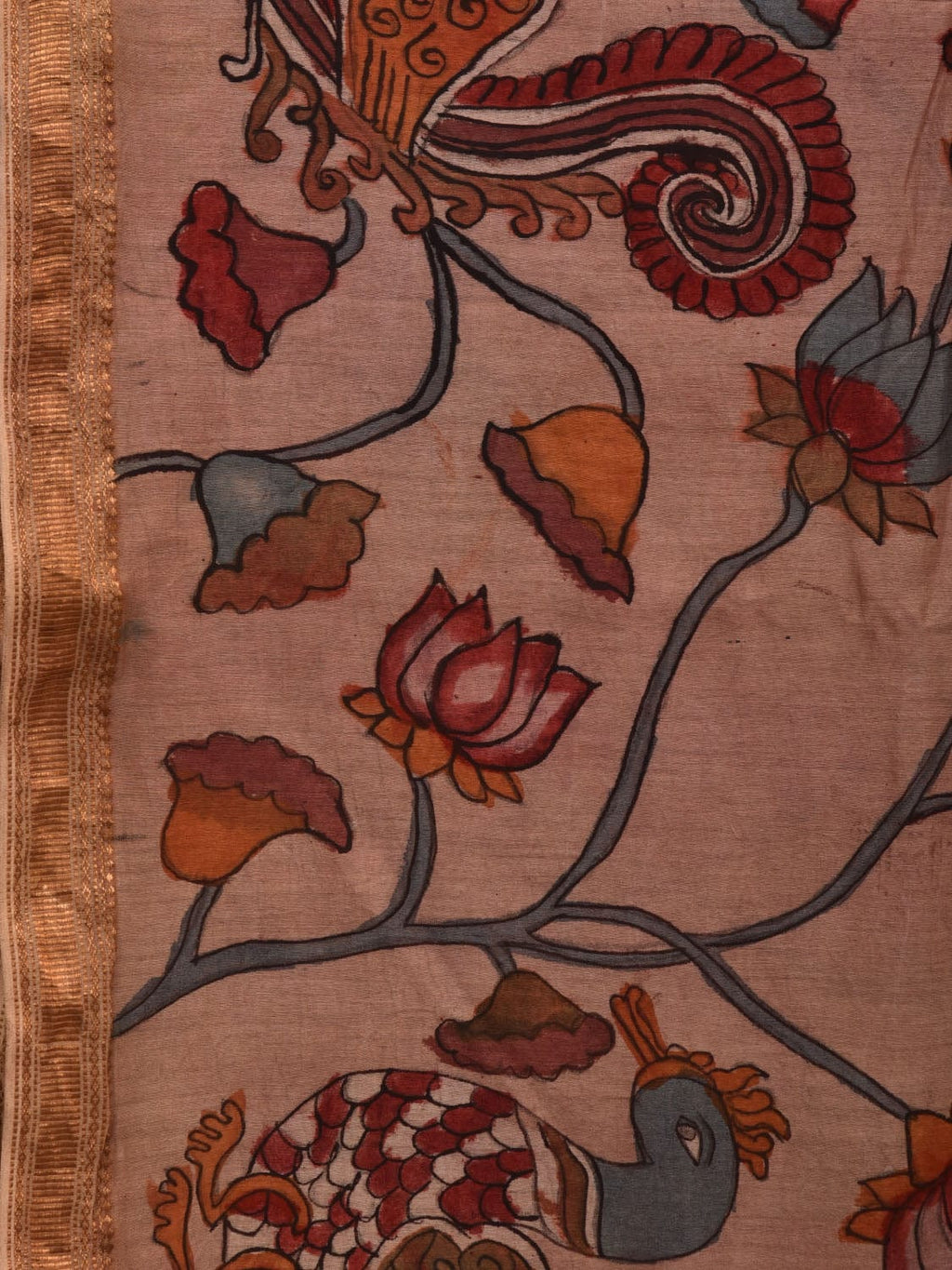 Cream Kalamkari Hand Painted Silk Muga Handloom Saree with Lotus and Birds Design - Global Threads | Grocsy