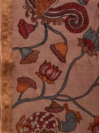 Cream Kalamkari Hand Painted Silk Muga Handloom Saree with Lotus and Birds Design - Global Threads | Grocsy