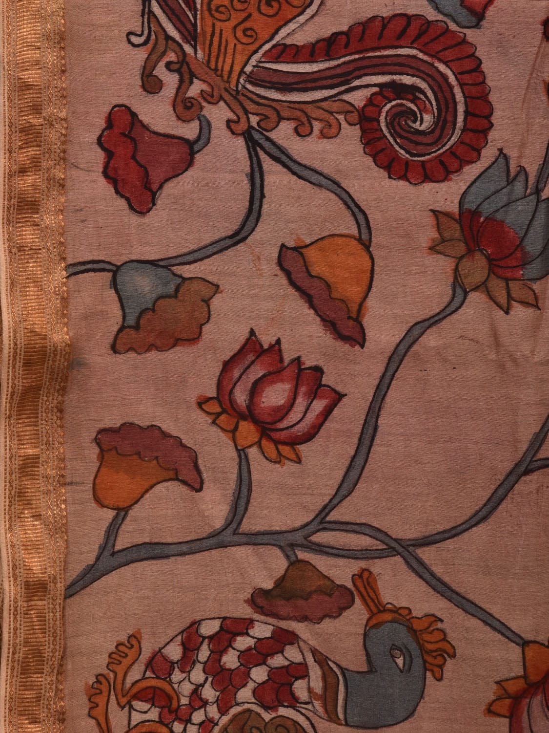Cream Kalamkari Hand Painted Silk Muga Handloom Saree with Lotus and Birds Design - Global Threads | Grocsy