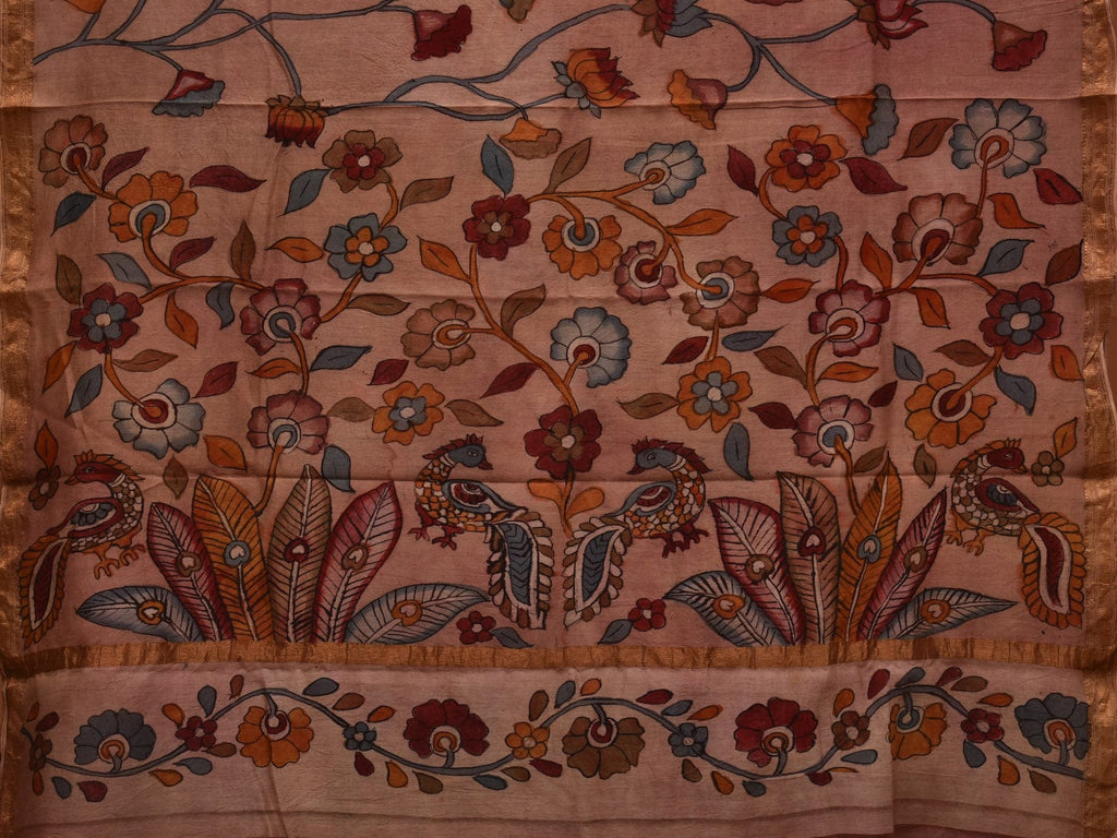 Cream Kalamkari Hand Painted Silk Muga Handloom Saree with Lotus and Birds Design - Global Threads | Grocsy