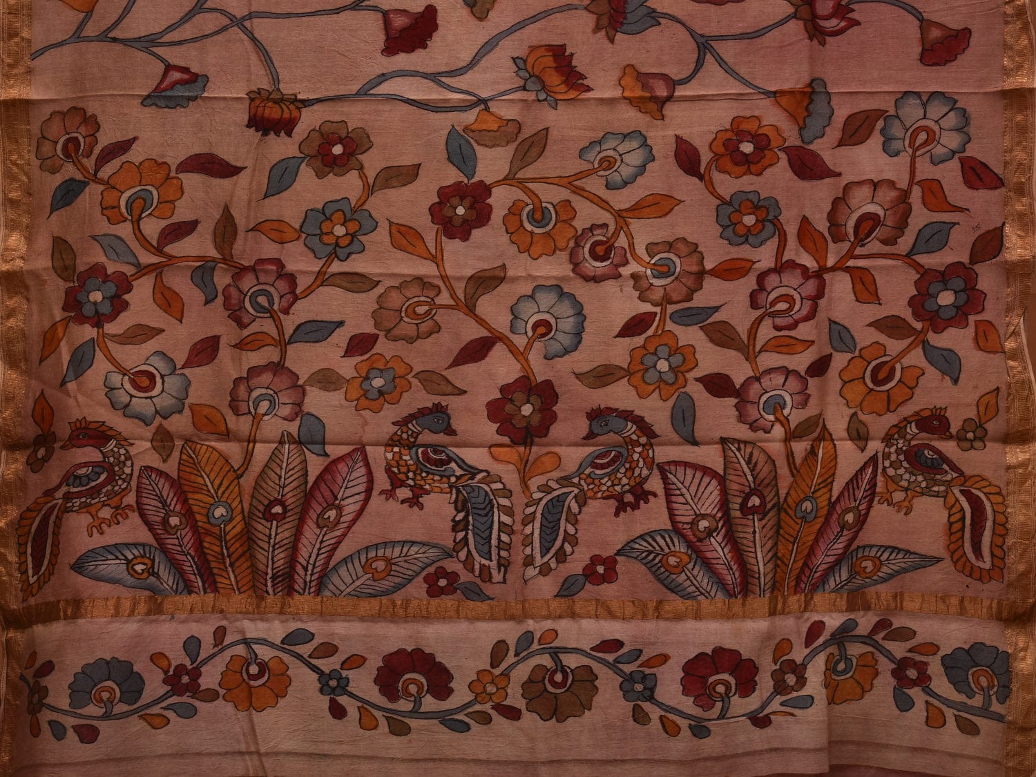 Cream Kalamkari Hand Painted Silk Muga Handloom Saree with Lotus and Birds Design - Global Threads | Grocsy