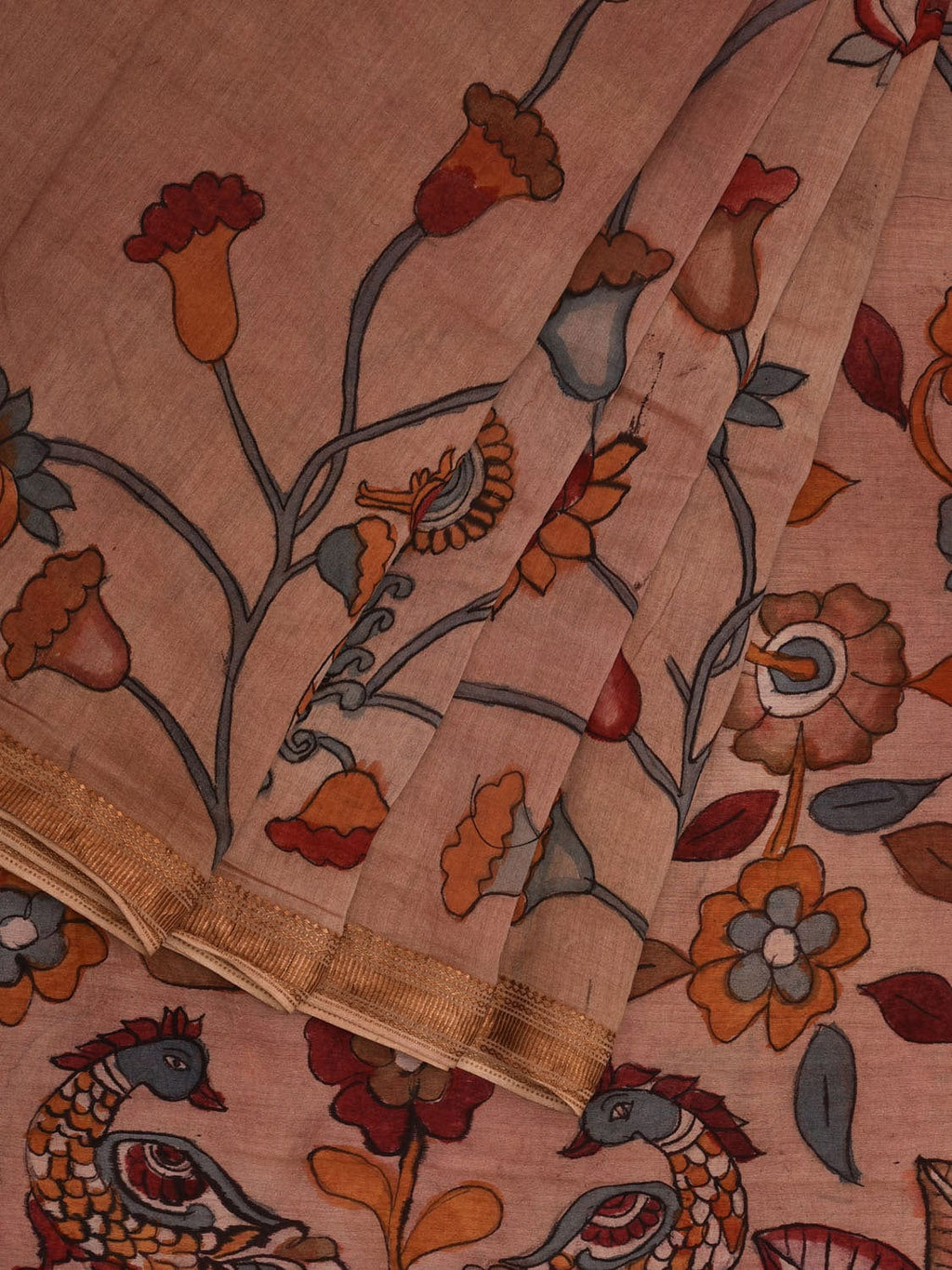 Cream Kalamkari Hand Painted Silk Muga Handloom Saree with Lotus and Birds Design - Global Threads | Grocsy