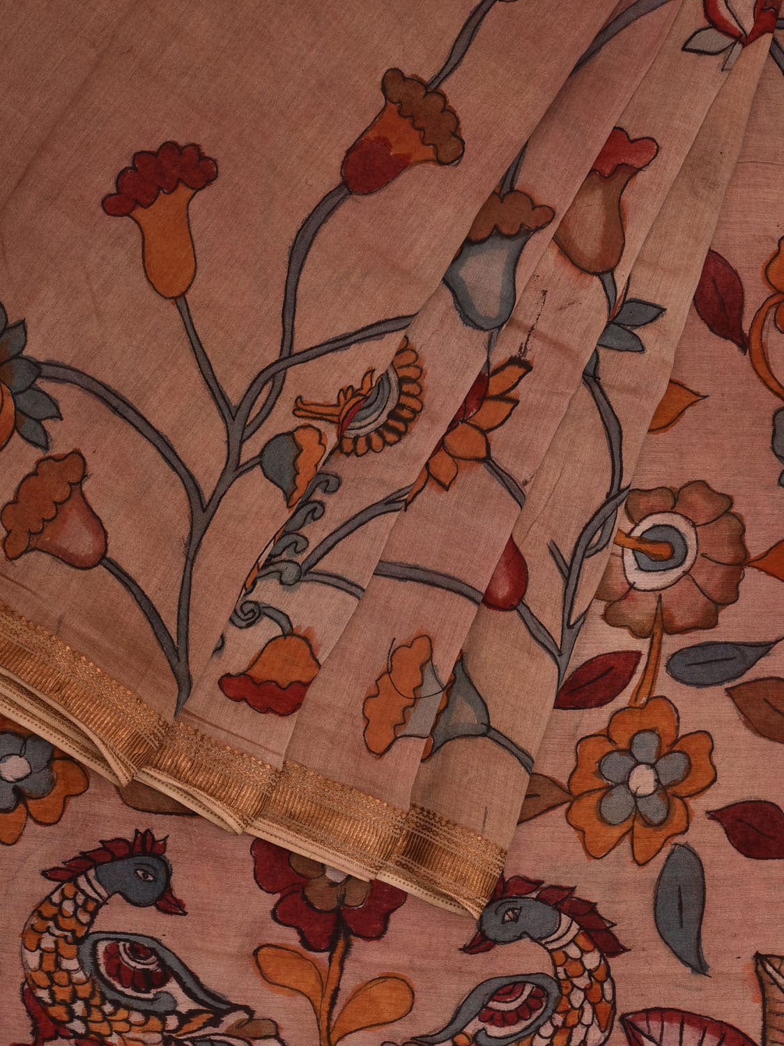 Cream Kalamkari Hand Painted Silk Muga Handloom Saree with Lotus and Birds Design - Global Threads | Grocsy