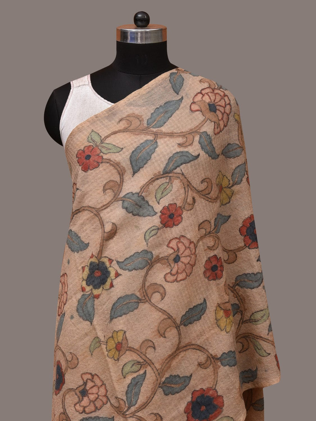 Cream Kalamkari Hand Painted Woolen Handloom Stole with Floral Design - Global Threads | Grocsy