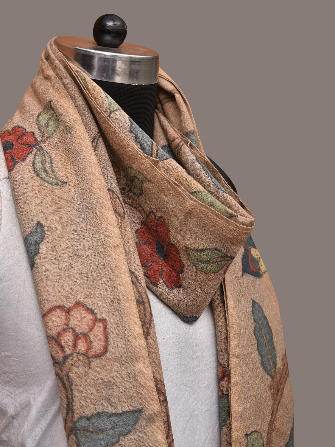 Cream Kalamkari Hand Painted Woolen Handloom Stole with Floral Design - Global Threads | Grocsy