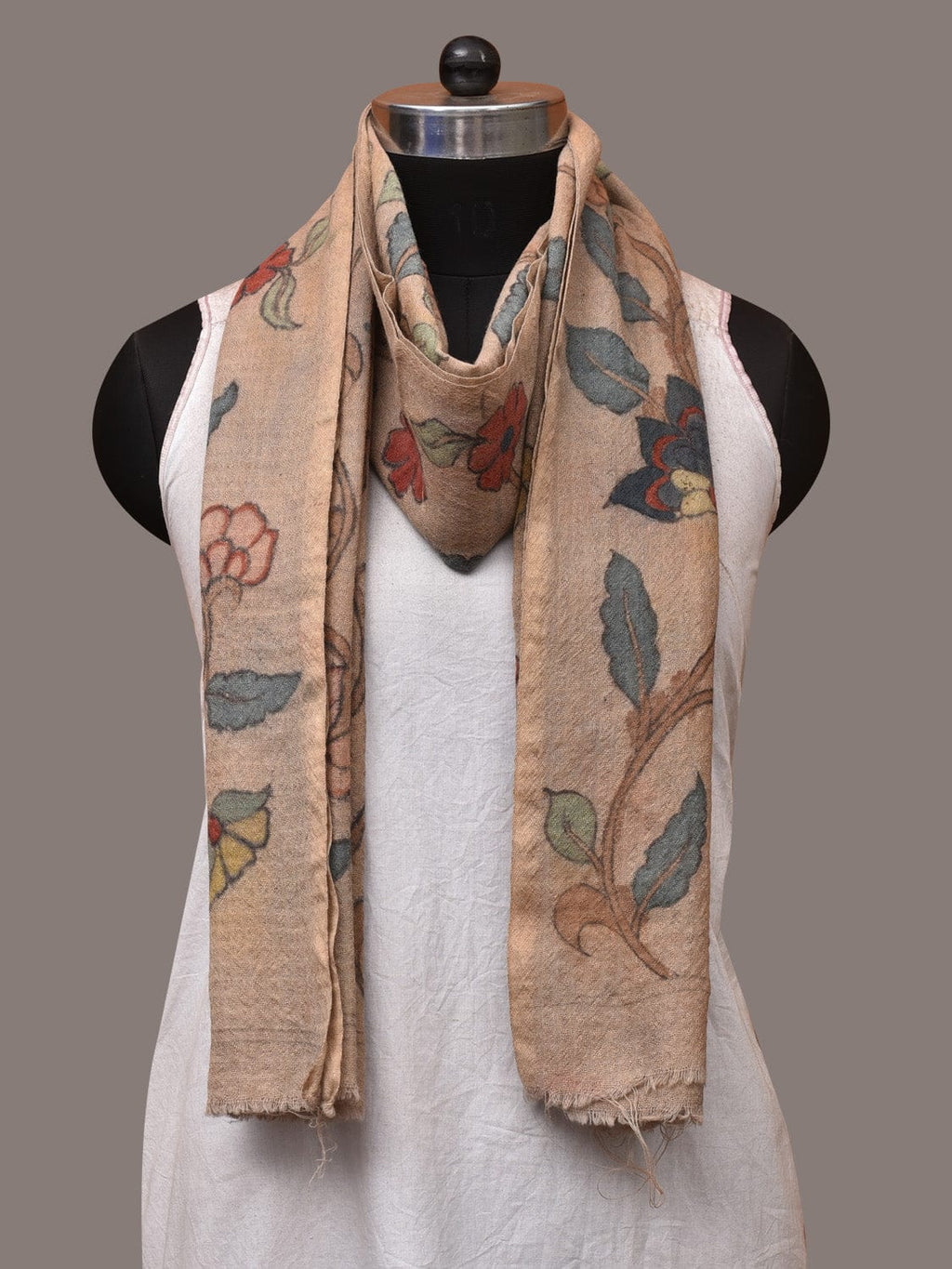 Cream Kalamkari Hand Painted Woolen Handloom Stole with Floral Design - Global Threads | Grocsy