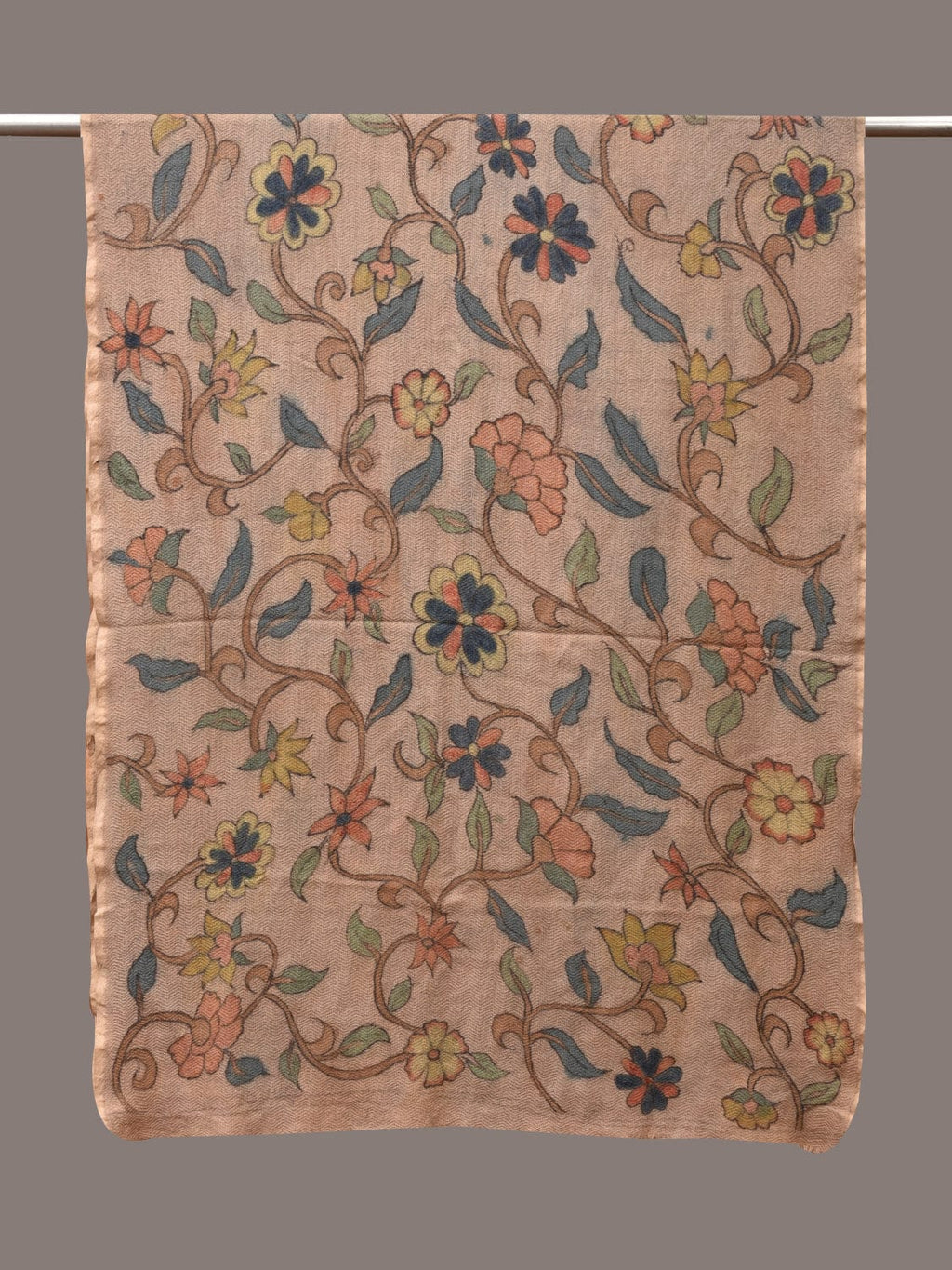 Cream Kalamkari Hand Painted Woolen Handloom Stole with Floral Design - Global Threads | Grocsy