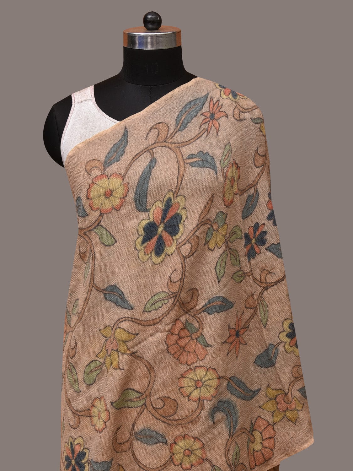 Cream Kalamkari Hand Painted Woolen Handloom Stole with Floral Design - Global Threads | Grocsy