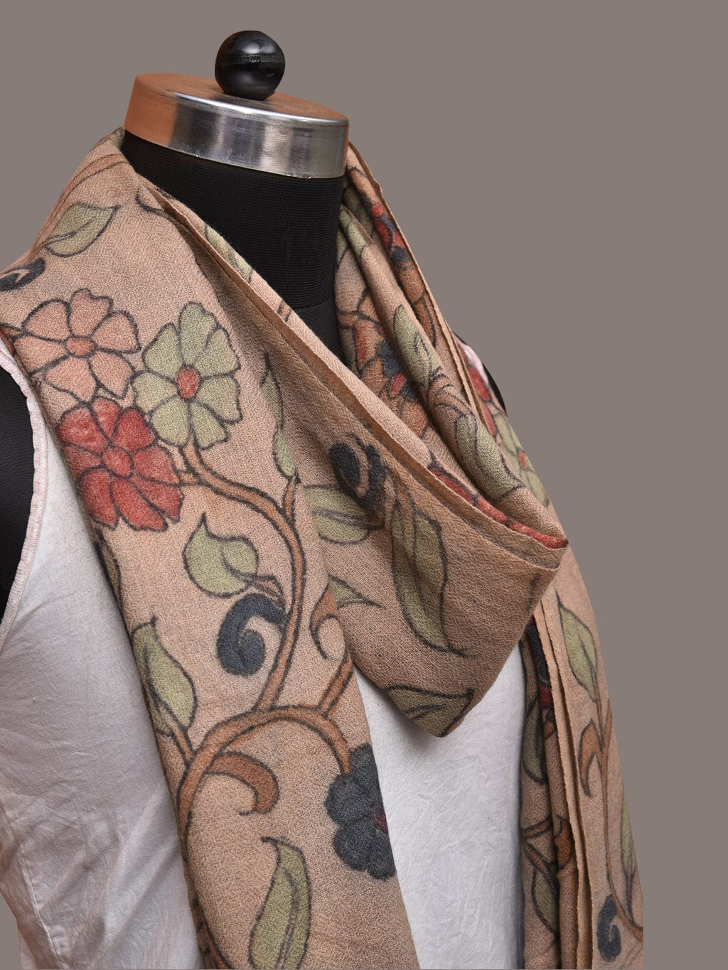 Cream Kalamkari Hand Painted Woolen Handloom Stole with Floral Design - Global Threads | Grocsy