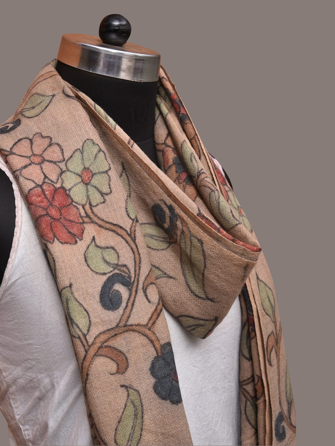 Cream Kalamkari Hand Painted Woolen Handloom Stole with Floral Design - Global Threads | Grocsy