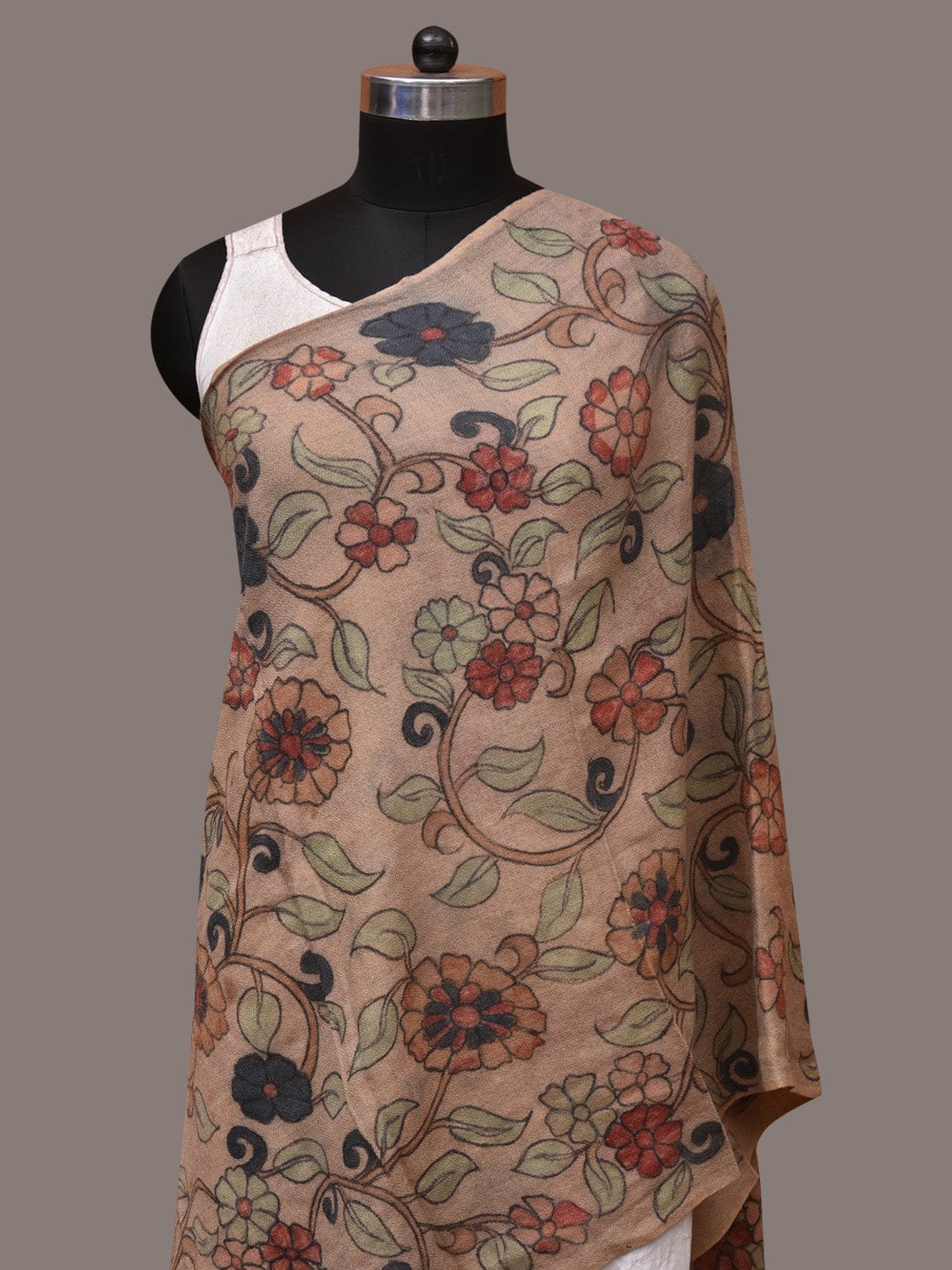 Cream Kalamkari Hand Painted Woolen Handloom Stole with Floral Design - Global Threads | Grocsy