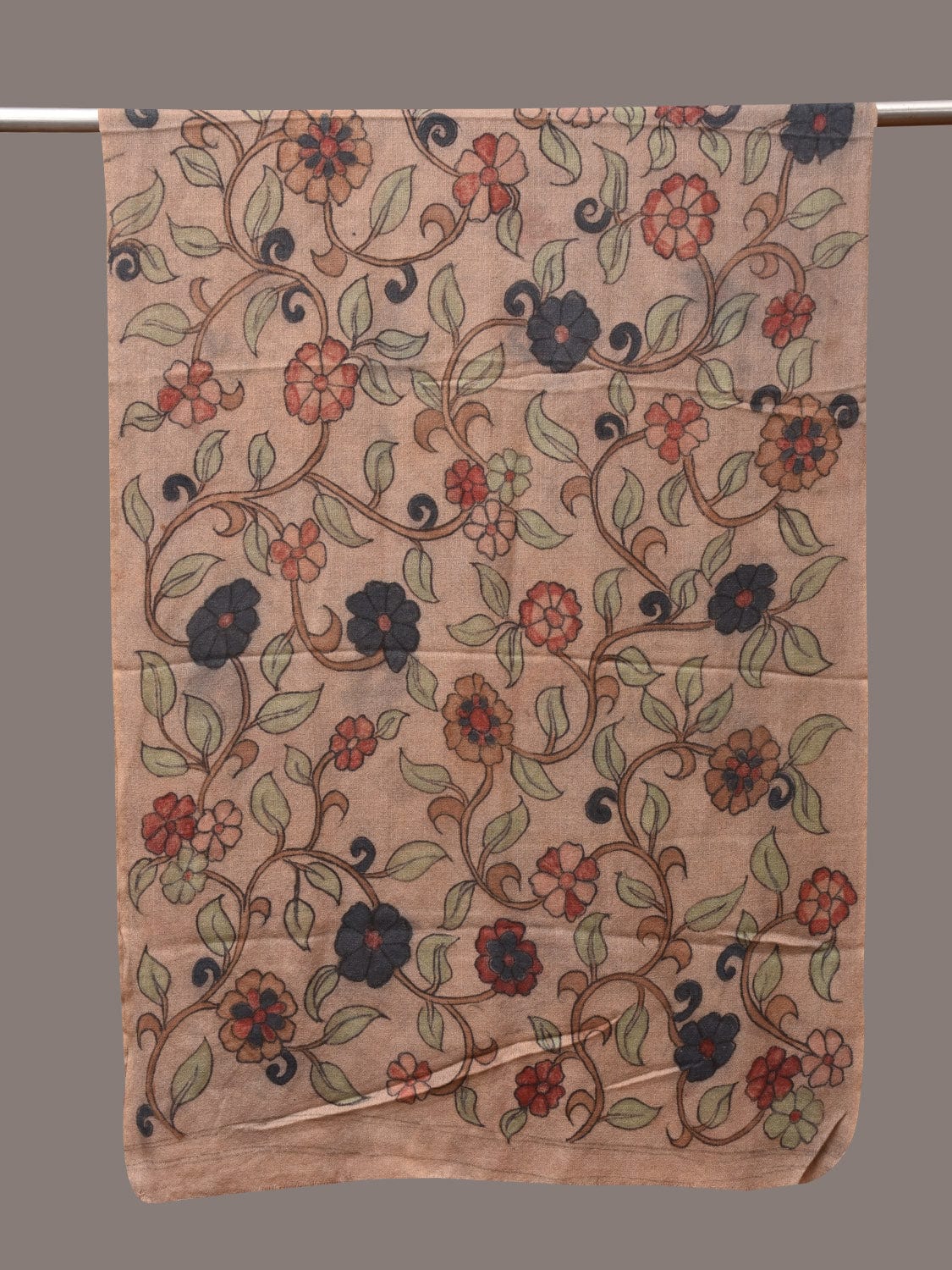 Cream Kalamkari Hand Painted Woolen Handloom Stole with Floral Design - Global Threads | Grocsy