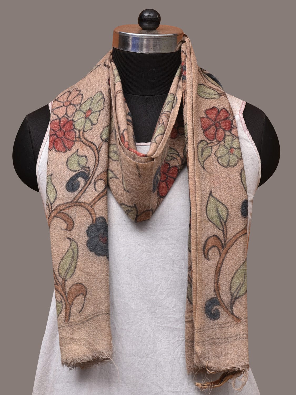 Cream Kalamkari Hand Painted Woolen Handloom Stole with Floral Design - Global Threads | Grocsy