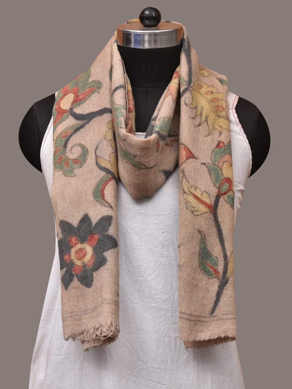 Cream Kalamkari Hand Painted Woolen Handloom Stole with Floral Design - Global Threads | Grocsy