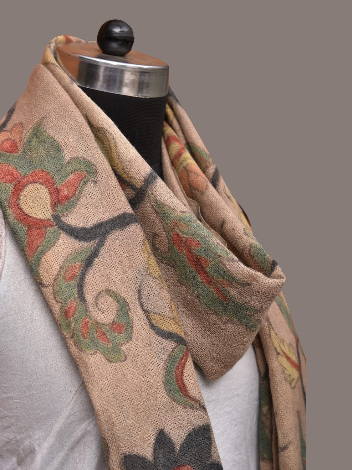 Cream Kalamkari Hand Painted Woolen Handloom Stole with Floral Design - Global Threads | Grocsy