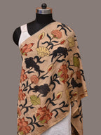 Cream Kalamkari Hand Painted Woolen Handloom Stole with Lotus and Fish Design - Global Threads | Grocsy