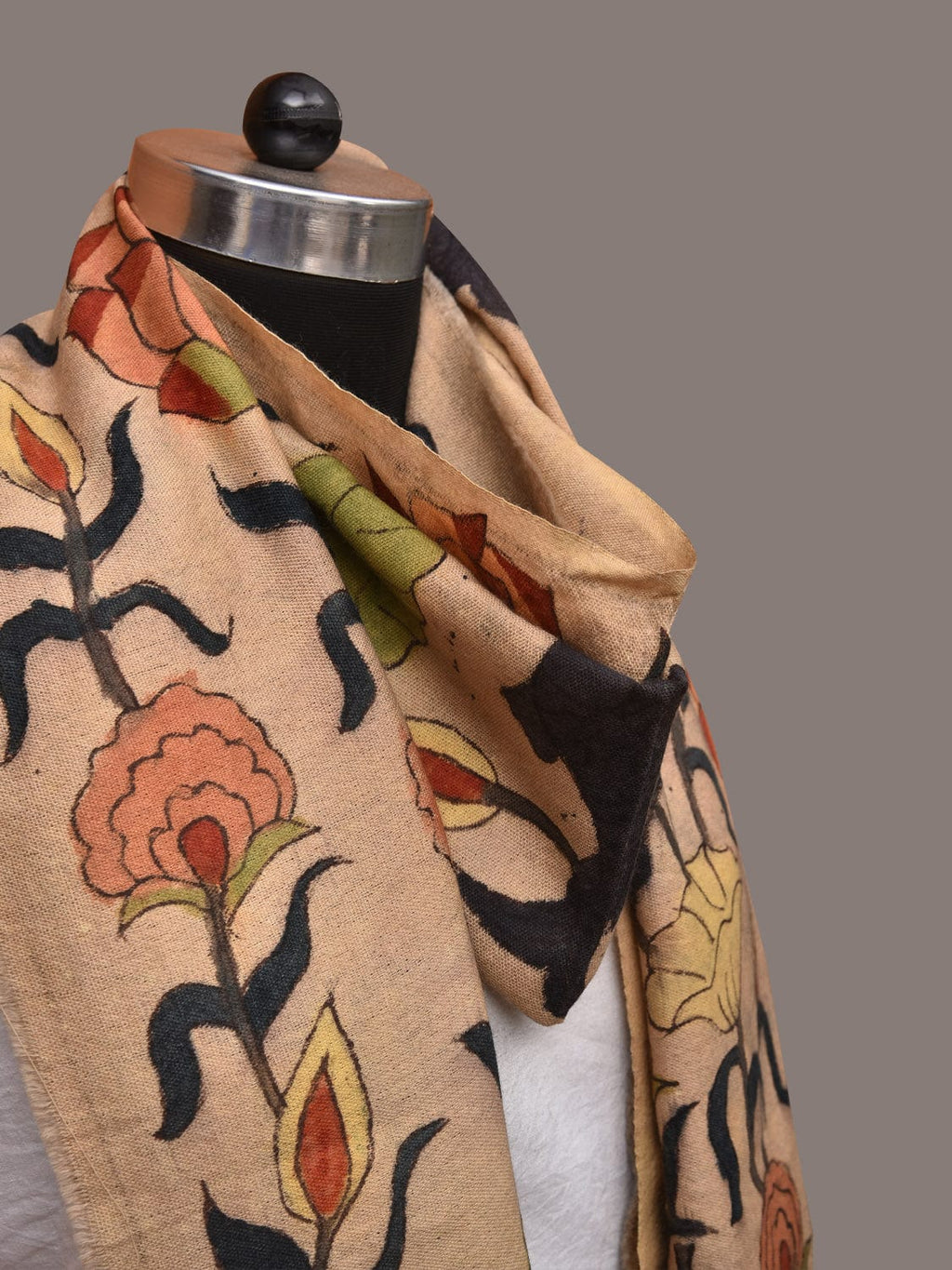 Cream Kalamkari Hand Painted Woolen Handloom Stole with Lotus and Fish Design - Global Threads | Grocsy