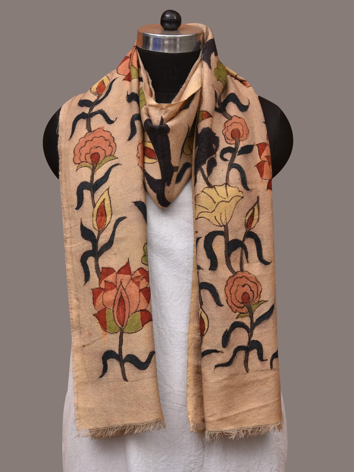 Cream Kalamkari Hand Painted Woolen Handloom Stole with Lotus and Fish Design - Global Threads | Grocsy