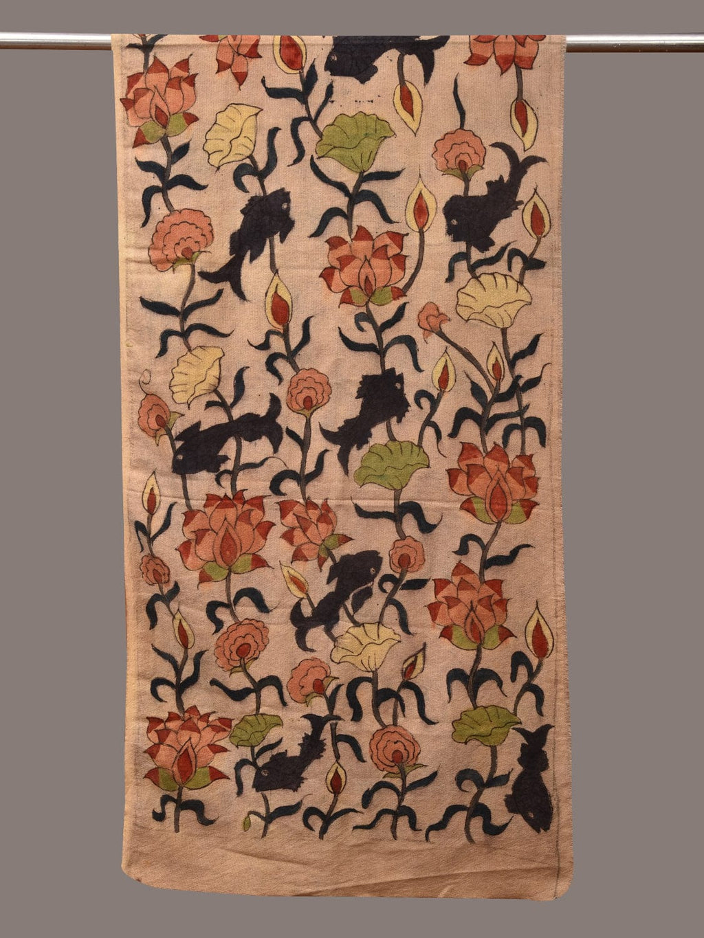 Cream Kalamkari Hand Painted Woolen Handloom Stole with Lotus and Fish Design - Global Threads | Grocsy