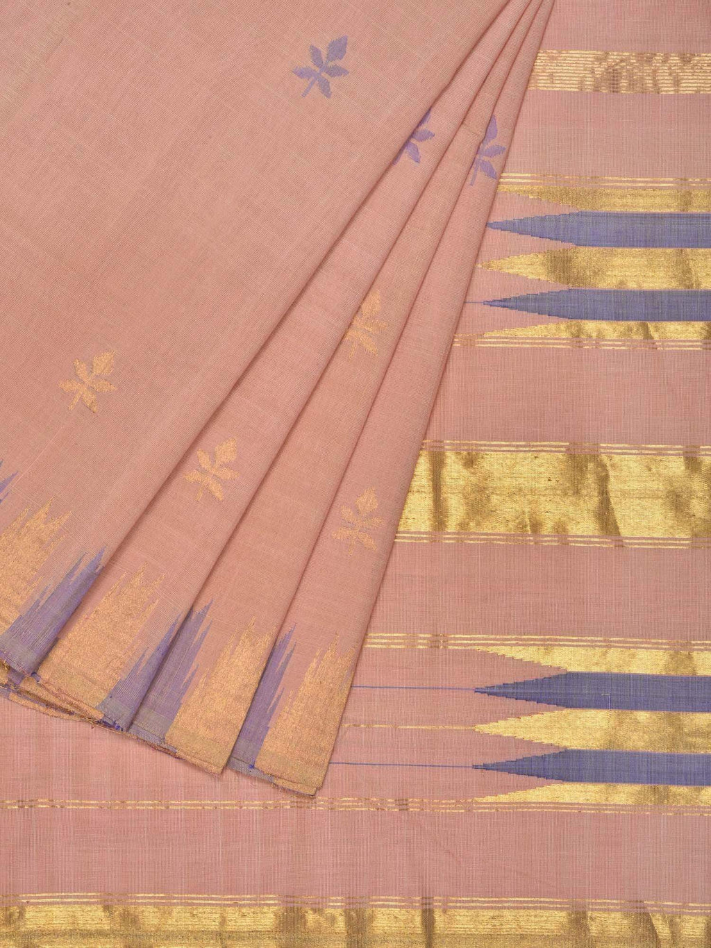 Cream Khadi Cotton Handloom Saree with Jamdani Buta and Temple Border Design - Global Threads | Grocsy