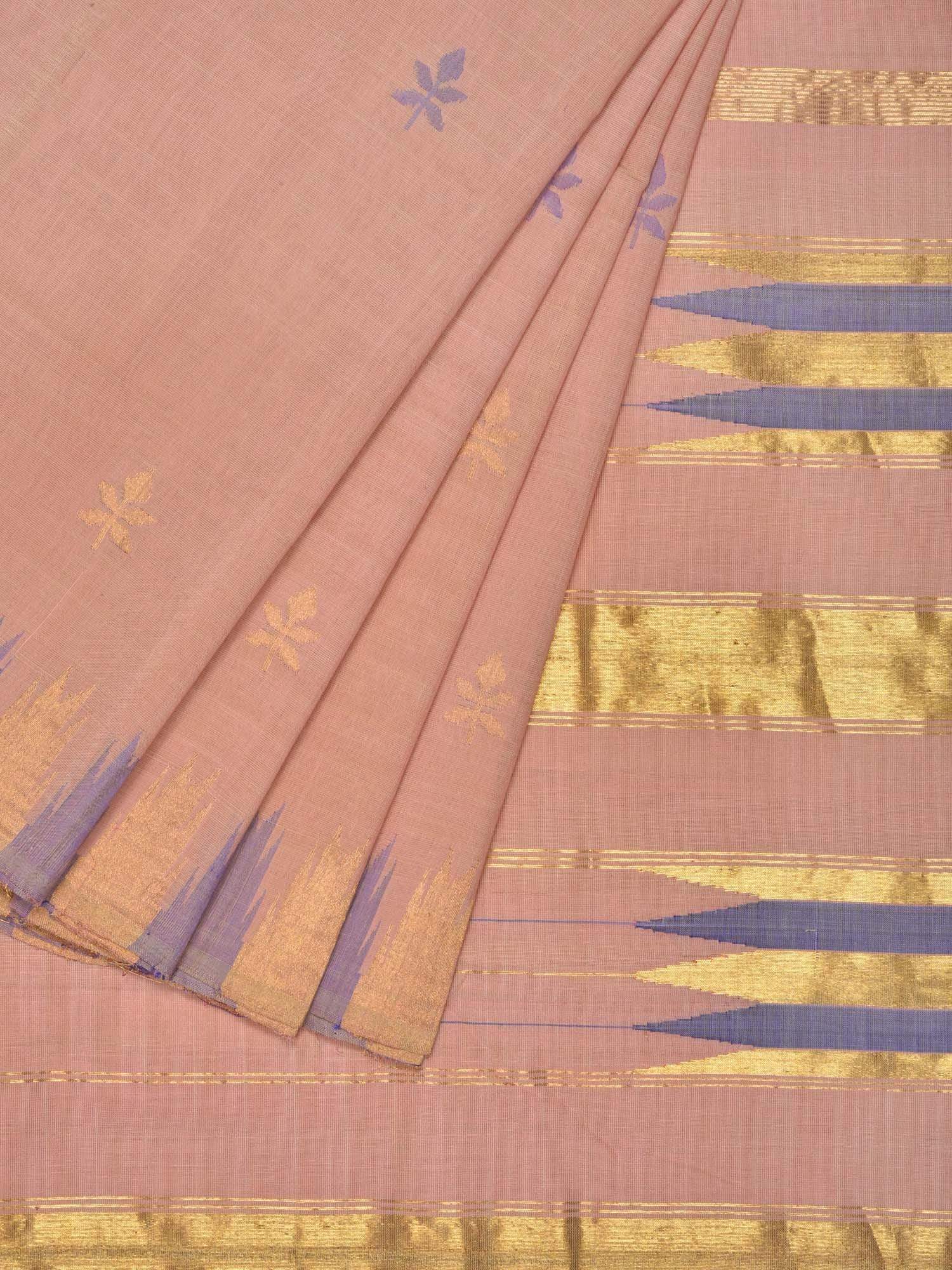 Cream Khadi Cotton Handloom Saree with Jamdani Buta and Temple Border Design - Global Threads | Grocsy