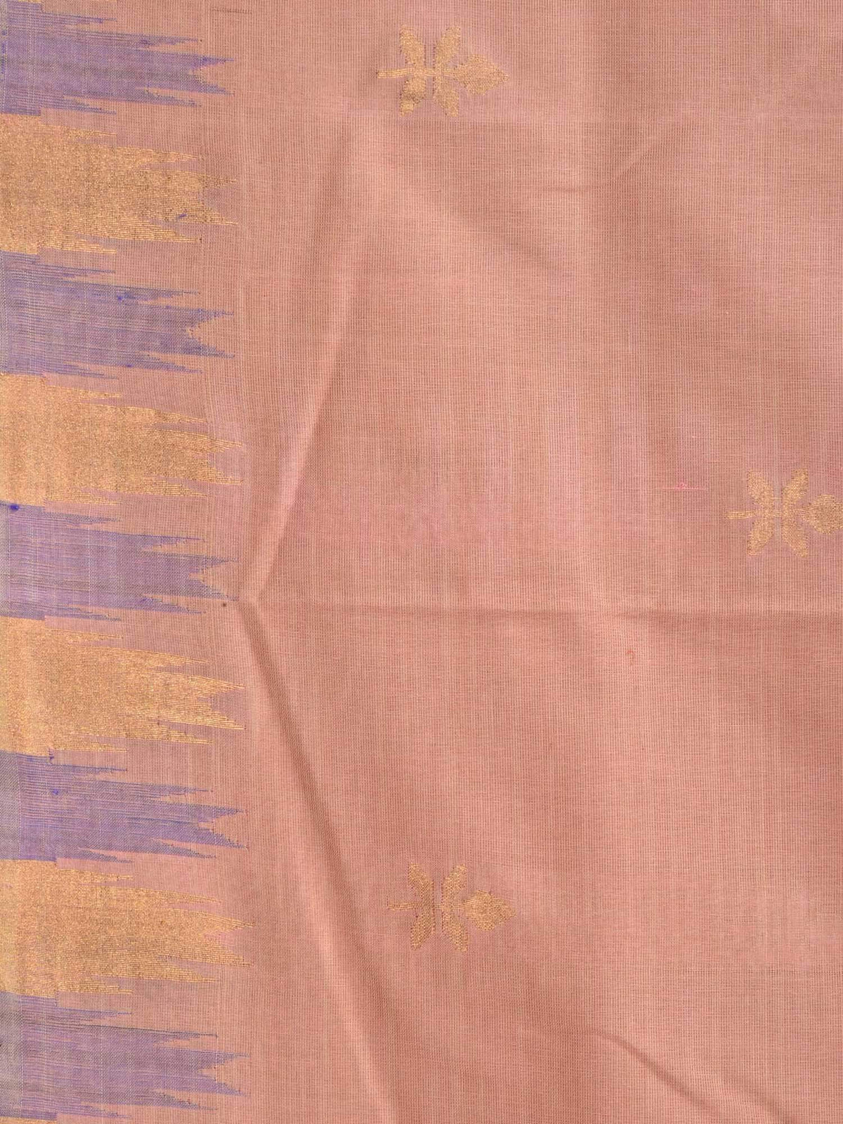Cream Khadi Cotton Handloom Saree with Jamdani Buta and Temple Border Design - Global Threads | Grocsy