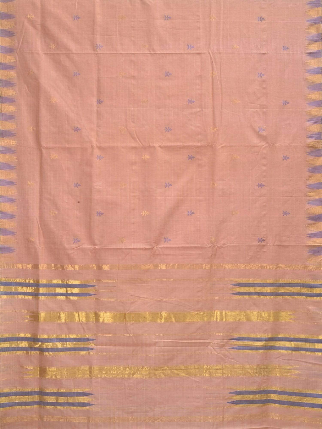 Cream Khadi Cotton Handloom Saree with Jamdani Buta and Temple Border Design - Global Threads | Grocsy