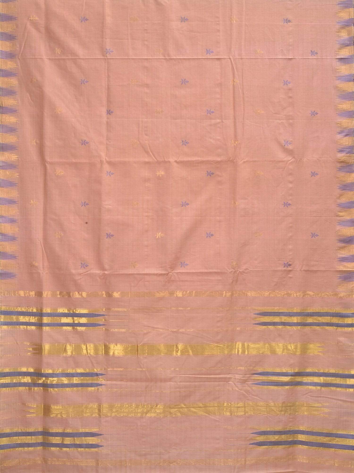 Cream Khadi Cotton Handloom Saree with Jamdani Buta and Temple Border Design - Global Threads | Grocsy