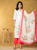 Yufta Cream Linen Floral Kurta Dupatta Pant Set | Grocsy