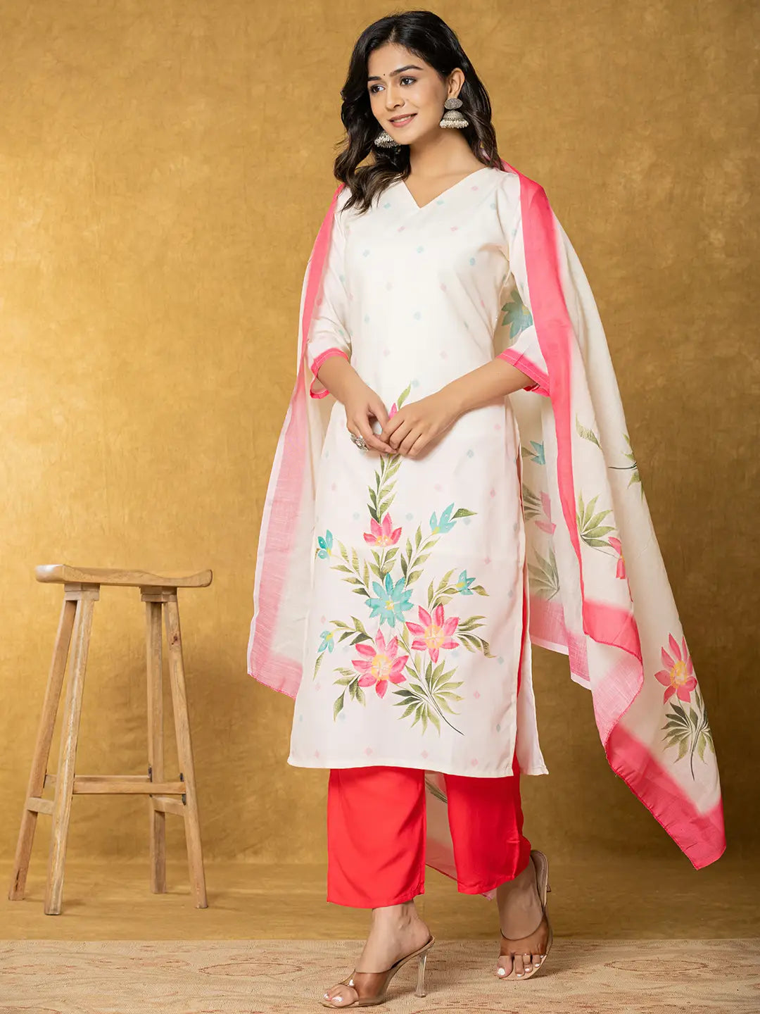 Yufta Cream Linen Floral Kurta Dupatta Pant Set | Grocsy