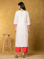 Yufta Cream Linen Floral Kurta Dupatta Pant Set | Grocsy